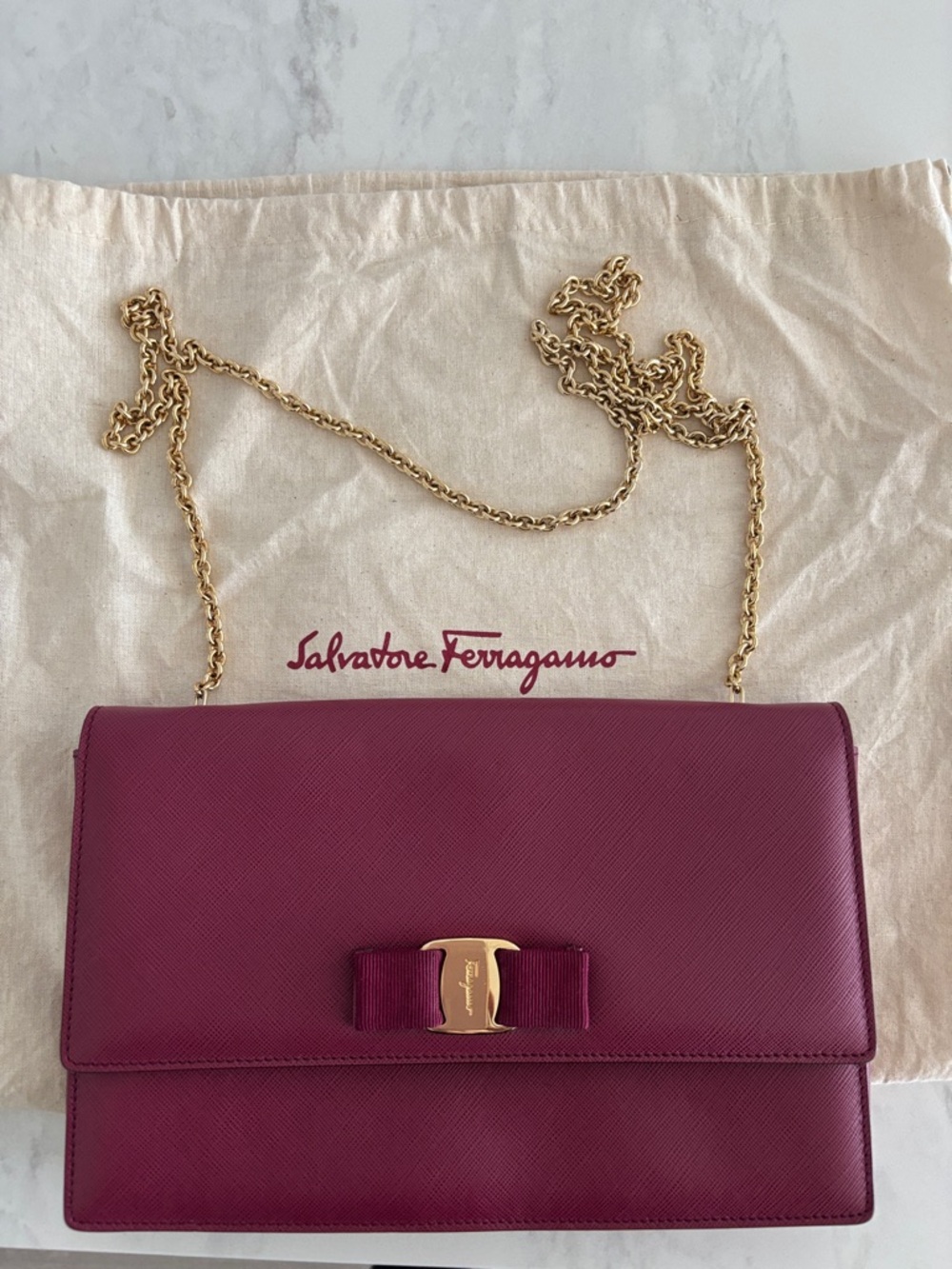 Salvatore Ferragamo Vara Bow Chain Crossbody in Deep Berry